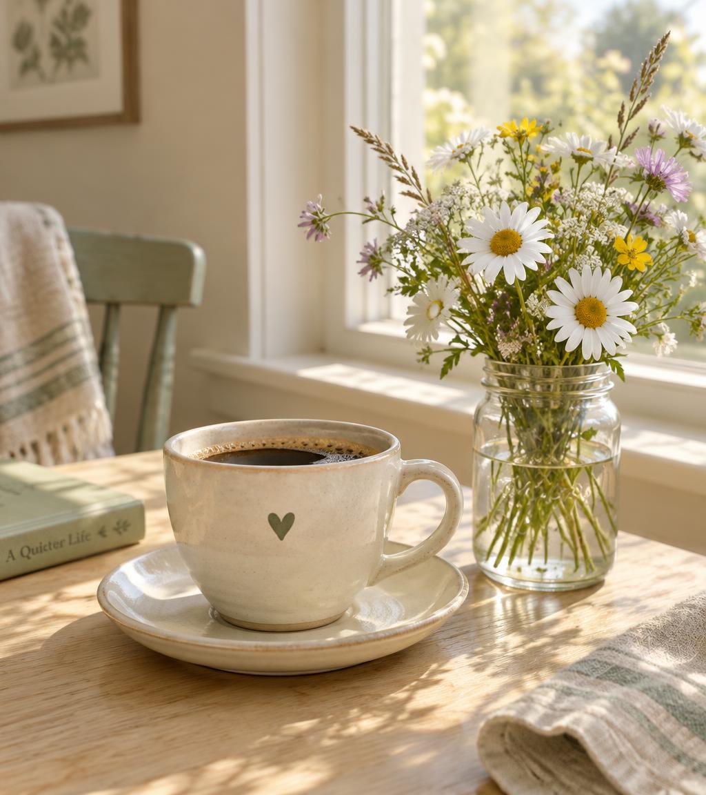 Eine Tasse Kaffee und ein Blumenstrauß auf einem Gartentisch